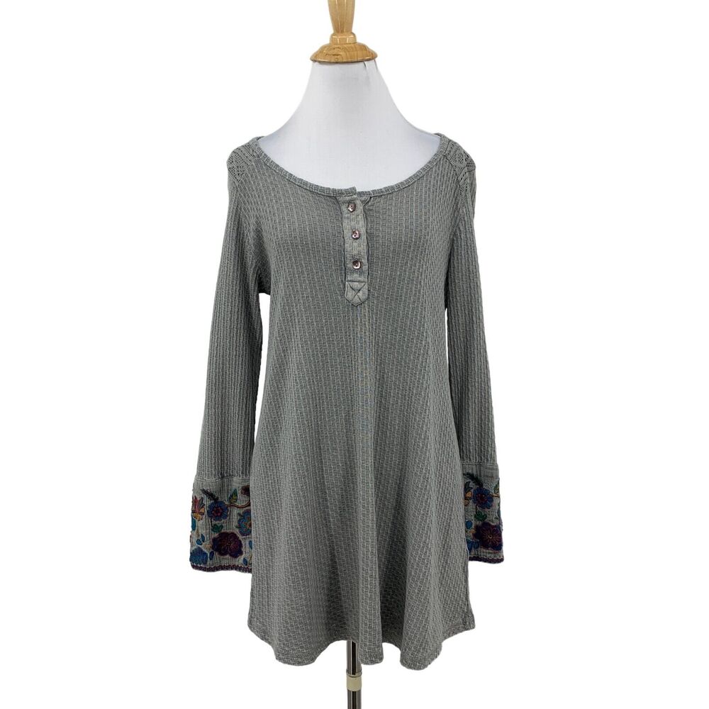 Soft Surroundings Tunic Womens XS Gray Palmer Embroidered Cuffs Linen Blend Top